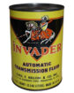 Invader ATF (Automatic Transmission Fluid) One Quart Metal Oil Can. Bright yellow round yellow oil can. Black triangle on top half with graphic Invader knight on horse logo on top. Black lettering underneath. Chas. F. Kellom & Co. Inc.