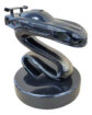 Competition Viper Coupe Sculpture by Richard Pietruska. Shiny, black sculpture with Dodge Viper Competition Coupe Car at the top, supported by a snake body shape, with a round granite base.