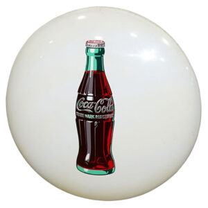 Coca-Cola WHITE 36” Button Sign w/ Bottle-nice. Shiny, very clean white sign with coca cola bottle graphic featured in the center. Bottle has “Coca-Cola Trademark Registered” written on it.