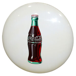 Coca-Cola WHITE 36” Button Sign w/ Bottle-nice. Shiny, very clean white sign with coca cola bottle graphic featured in the center. Bottle has “Coca-Cola Trademark Registered” written on it.