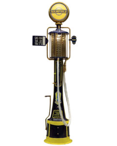 Fry “May West” Richfield Visible Gasoline Pump. 132” tall. Restored, Dark blue with bright yellow highlights. Glass visible at top to hold gasoline with lighted 2-sided globe with reproduction Richfield lenses.