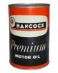 Hancock Premium Metal 1 Quart Oil Can. Round red and black can with vivid colors. A red rooster is featured on the top left beside “HANCOCK” with “Premium MOTOR OIL” written below in white letters.