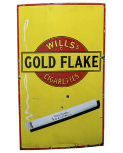 1950s Will’s Gold Flake Cigarettes Single-Sided Porcelain Sign, 60”x36”. Bright yellow with red border, and large Wills’s Cigarettes Gold Flake Logo in red in middle. Graphic of burning cigarette in bottom half.