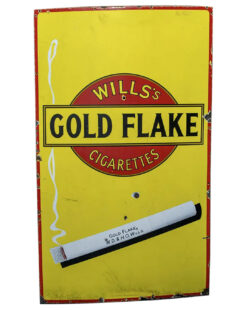 1950s Will’s Gold Flake Cigarettes Single-Sided Porcelain Sign, 60”x36”. Bright yellow with red border, and large Wills’s Cigarettes Gold Flake Logo in red in middle. Graphic of burning cigarette in bottom half.