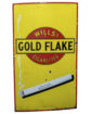 1950s Will’s Gold Flake Cigarettes Single-Sided Porcelain Sign, 60”x36”. Bright yellow with red border, and large Wills’s Cigarettes Gold Flake Logo in red in middle. Graphic of burning cigarette in bottom half.
