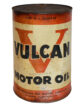 Freedom Oil Vulcan Metal 5 Quart Oil Can. Beige and red can with discoloration and rust on the top. “VULCAN MOTOR OIL” is written across the can in large black letters over a red V. “THE FREEDOM OIL WORKS COMPANY” and “FREEDOM, PENNSYLVANIA” is written in small black letters with “Copyright 1937” underneath this at the very bottom.