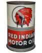 Red Indian Imperial 1 Quart Metal Oil Can. Round, metal can with some wear. White, red, and black colors. A red Indian chief graphic is featured at the top. “RED INDIAN MOTOR OIL” is written in large white letters at the bottom.
