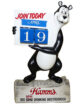 Hamm’s Standing Bear Calendar. A black and white bear is holding a white calendar with “JOIN TODAY” at the top in red letters, followed by the month April in blue, with 19 below. Bear is on beige stand with “Hamm’s” written in red followed by “BIG BEER (crossed out) BEAR DRINIKING BROTHERHOOD” written below in black letters.