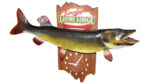 Leinenkugel’s “Leini’s Lodge” Lighted Mounted Muskie Clock – rare! A brown wooden sign features “Leinenkugel’s” at the top in red cursive letters. “LEINIE LODGE” is written below in large white letters inside a green rectangle. A very large green, white, and red fish is mounted in the center followed by a clock with white numbers at the bottom of the sign.