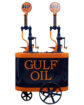 Gulf Oil Visible Lubester Cart with Dual 30-Gallon Tanks. 72.5”x38”. Beautifully done in dark blue and orange colors. Gulf Oil words large on side. Topped with two Gulf Fuel Oil Paddle Signs.