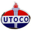 Standard Oil UTOCO Embossed Porcelain Pump Plate. 13”x14”, classic red, white and blue standard gasoline oval sign with fuel torch up middle and flame up top. UTOCO in all caps in blue across middle of sign.