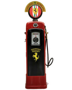 1950s Martin & Schwartz Gas Pump in Ferrari Livery. 86”x23”. Pump body finished in red, the black front panel presents laser cut graphics of the marque's name and prancing horse logo that is backlit in yellow. The pump is topped off with a lighted two-sided custom Scuderia Ferrari glass globe that rotates, Ferrari-inspired covered toggle switches control the operations of this stunning exhibit.