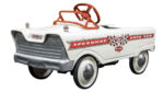 1960s Murray “Speedway Pace Car” Pedal Car. 36”x17”x17.5”. Arctic White with original style graphics, windshield frame in red, fender ornaments with red jewel reflectors, adjustable pedals, molded tires on white wheels with hubcaps, black padded vinyl seat.