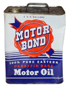 Motor Bond 2-Gallon Metal Oil Can. Blue and white tall rectangular can with large red Motor Bond Logo in the middle.