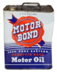 Motor Bond 2-Gallon Metal Oil Can. Blue and white tall rectangular can with large red Motor Bond Logo in the middle.