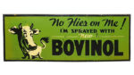 Standard Oil “Bovinol” Cattle Spray SS Cardboard Sign W/ Metal Frame. Green rectangular sign with black border. Cow graphic is featured on the left. “No Flies on Me! I’M SPRAYED WITH - New - BOVINOL” is written in black letters on the right.
