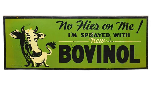 Standard Oil “Bovinol” Cattle Spray SS Cardboard Sign W/ Metal Frame. Green rectangular sign with black border. Cow graphic is featured on the left. “No Flies on Me! I’M SPRAYED WITH - New - BOVINOL” is written in black letters on the right.