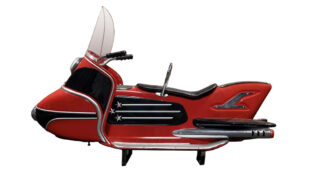 1950s Rocket Kiddie Ride Spaceship. 59”x20”x37”. Stamped steel body features futuristic fins, artful use of chrome with Cadillac-inspired fins, tandem seating for two, non-functioning head and reflective taillights, mounted on sturdy metal square bar stand.